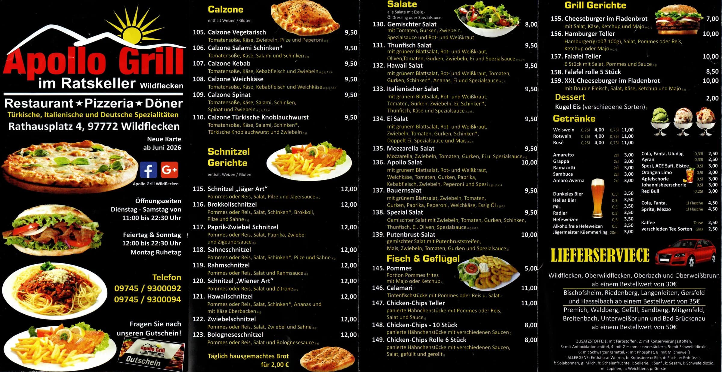 Vorderseite — Calzone, Schnitzel, Salate, Grill und Getränke